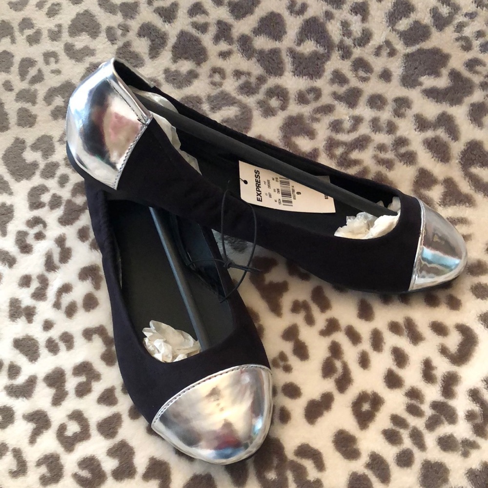 Express Black Faux Suede Silver Metallic Round Toe Ballet Flats Size 9